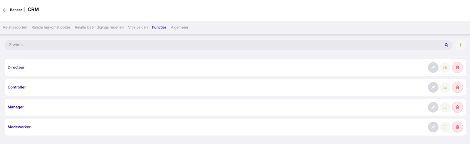 Printscreen van Beheer > CRM met het tabblad Functies geselecteerd en een lijst met de functies Directeur, Controller, Manager en Medewerker, elk met knoppen om te bewerken, de details te bekijken en te verwijderen.