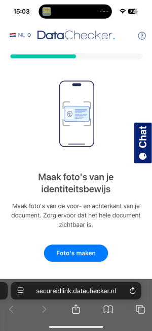 DataChecker-scherm met de opdracht om foto's van de voor- en achterkant van het identiteitsbewijs te maken, met de knop Foto's maken.