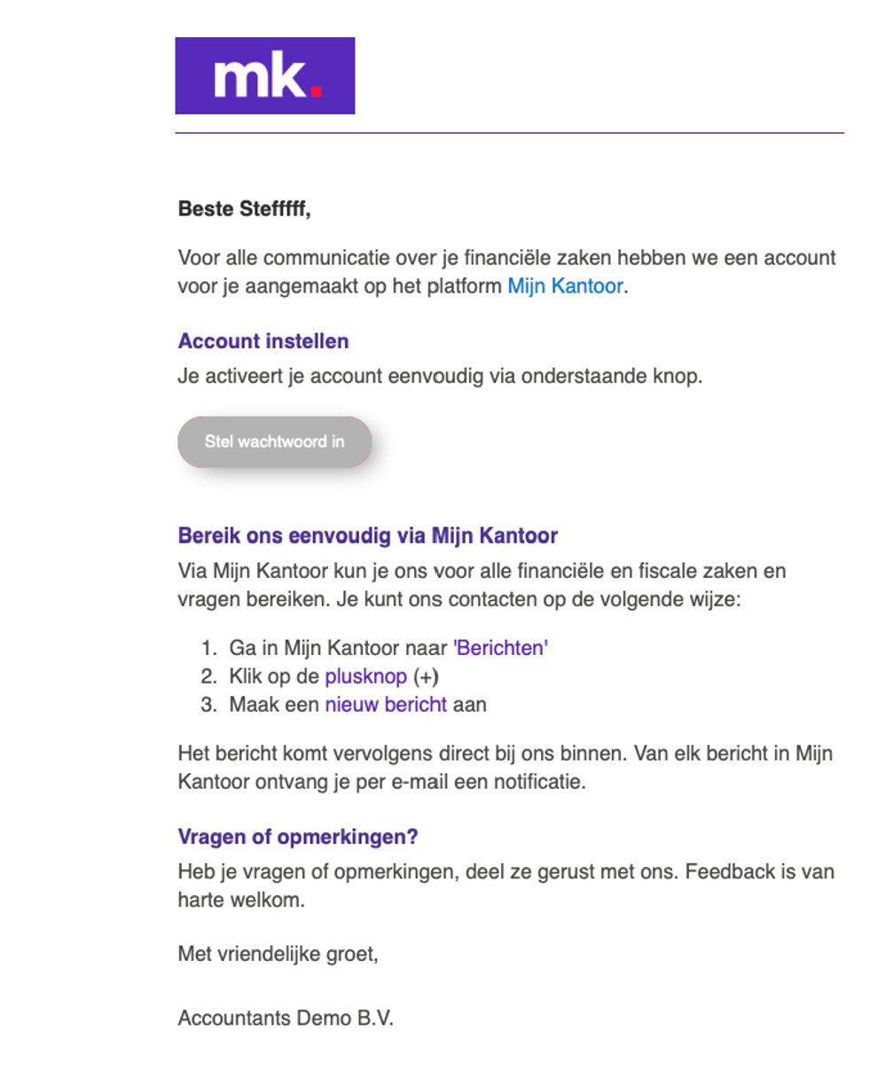 Voorbeeld van de welkomstmail voor een contactpersoon (klant), met de knop Stel wachtwoord in en uitleg over berichten sturen via Mijn Kantoor.
