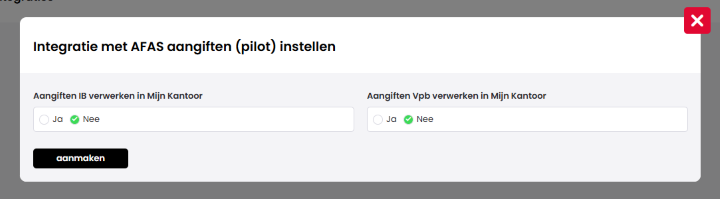Venster Integratie met AFAS aangiften (pilot) instellen in Mijn Kantoor met de keuzes Ja of Nee voor het verwerken van IB- en Vpb-aangiften en de knop aanmaken.