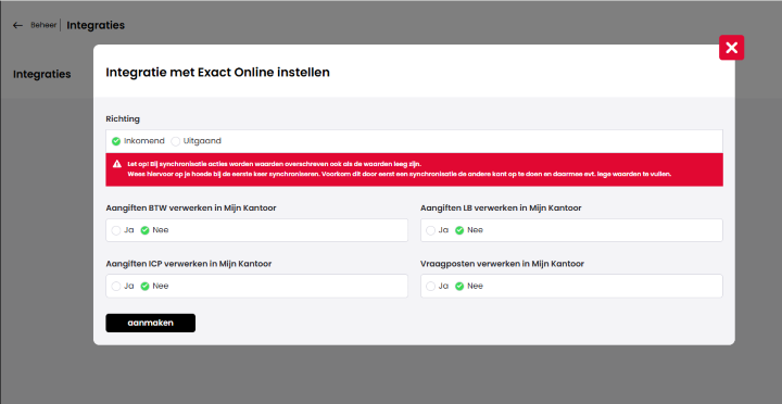 Het venster Integratie met Exact Online instellen met de opties voor Richting (Inkomend geselecteerd), het verwerken van aangiften in Mijn Kantoor en de knop aanmaken.