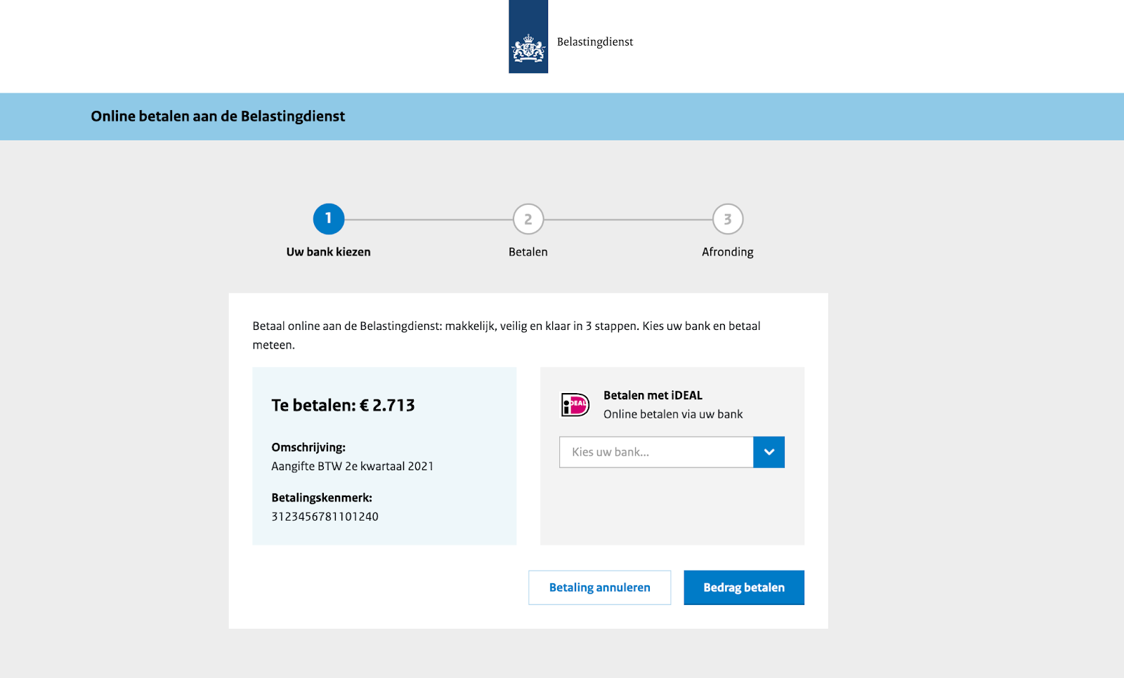 De betaalpagina van de Belastingdienst voor iDEAL met het bedrag, de omschrijving, het betalingskenmerk en de keuze van een bank.