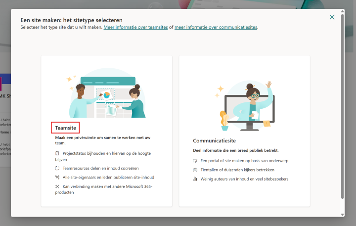 Microsoft SharePoint-scherm "Een site maken: het sitetype selecteren" waarin de optie Teamsite is gemarkeerd.