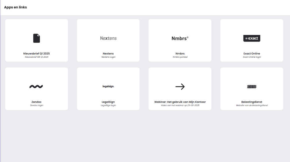 Het scherm Apps en links met acht tegels, waaronder Nieuwsbrief Q1 2025, Nextens, Nmbrs, Exact Online, Zendoc, LegalSign, een webinar en de Belastingdienst.