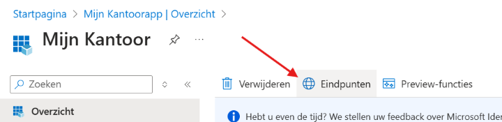 Overzicht van de app-registratie in Azure met een pijl naar de knop Eindpunten.