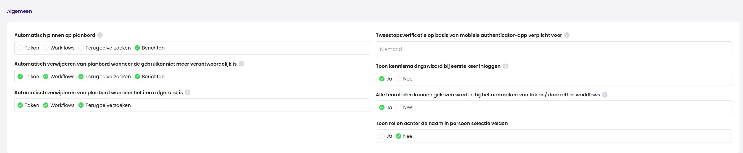 Printscreen van het tabblad Algemeen onder Beheer met de instellingen voor automatisch pinnen en verwijderen op het planbord, tweestapsverificatie, kennismakingswizard, teamselectie en de weergave van rollen.