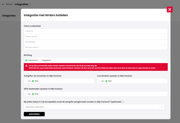 Het scherm "Integratie met Nmbrs instellen" in Mijn Kantoor (Beheer > Integraties) met de velden voor Client credentials, de keuze Inkomend of Uitgaand bij Richting, de opties voor aangiften, loonstroken en SEPA-bestanden, het statusveld en de knop aanmaken.
