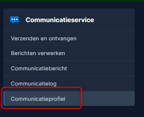 AFAS-menu Communicatieservice met de optie Communicatieprofiel rood omkaderd.