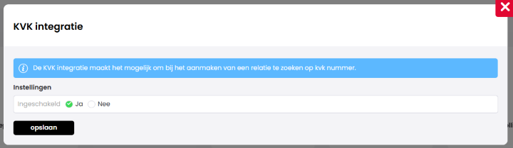 Het scherm KVK integratie met de instelling Ingeschakeld op Ja en de knop opslaan onderaan.