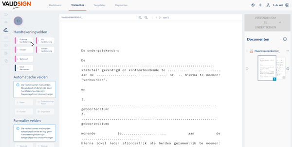 De designer page met het document in het midden en links het menu met handtekeningvelden, automatische velden en formuliervelden.