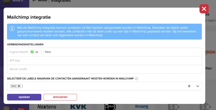 Het venster Mailchimp integratie in Mijn Kantoor met Ingeschakeld op Ja, de velden API key en Server prefix, de labelselectie en de knop opslaan.