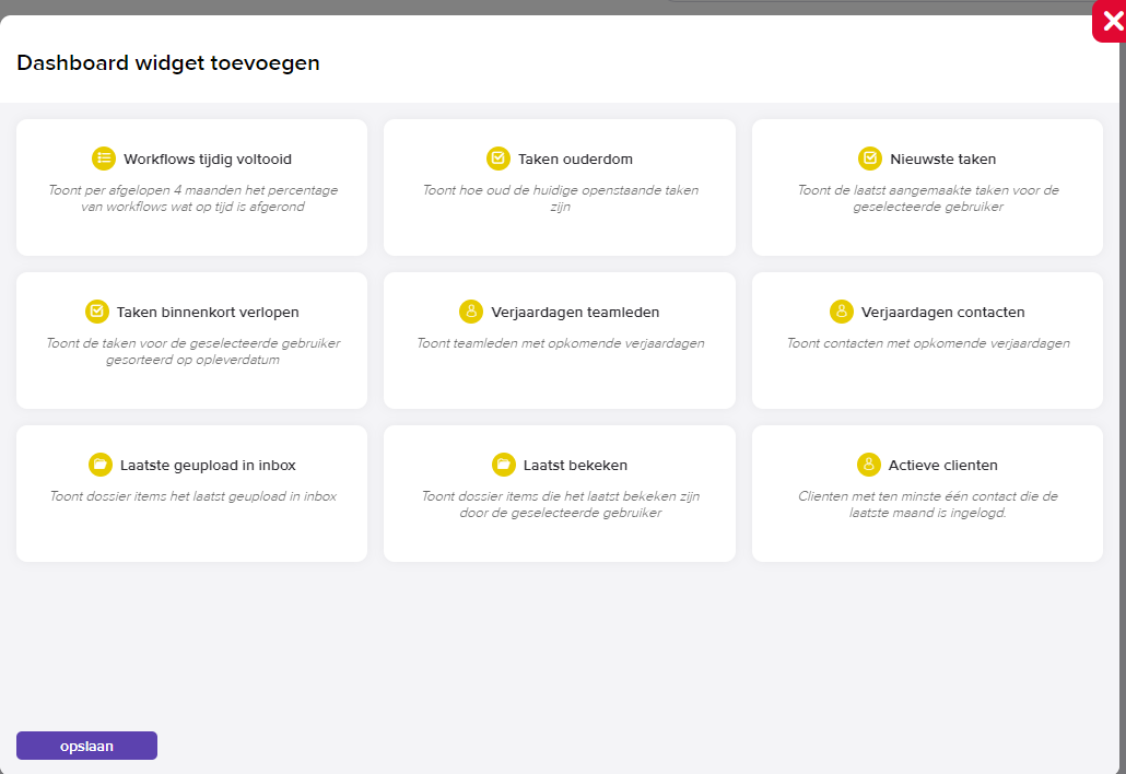 Het scherm Dashboard widget toevoegen met negen widgets om uit te kiezen, zoals Workflows tijdig voltooid, Taken ouderdom, Nieuwste taken en Actieve clienten, en een knop opslaan linksonder.