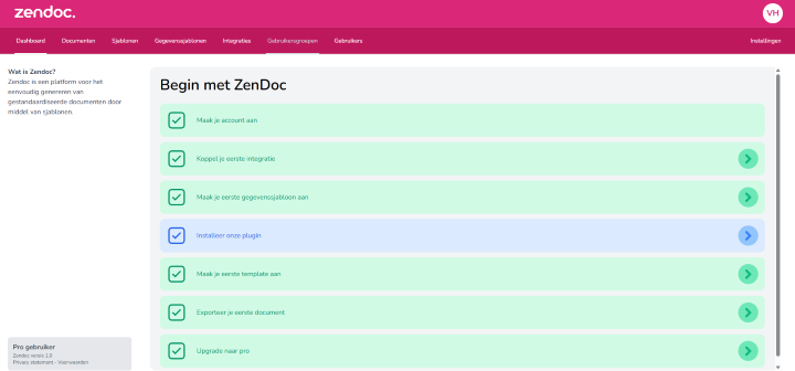 Het Zendoc-dashboard "Begin met ZenDoc" met een checklist, waarin de stap "Installeer onze plugin" blauw is gemarkeerd.