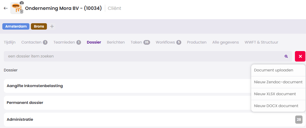 Het tabblad Dossier van een relatie in Mijn Kantoor, met het openklappende menu met de opties Document uploaden, Nieuw Zendoc-document, Nieuw XLSX document en Nieuw DOCX document.