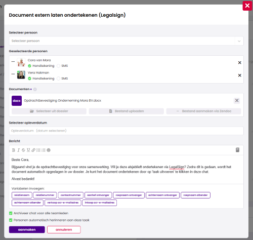 Het venster Document extern laten ondertekenen (Legalsign) met geselecteerde personen, het toegevoegde document en het berichtveld met standaardtekst en variabelen.