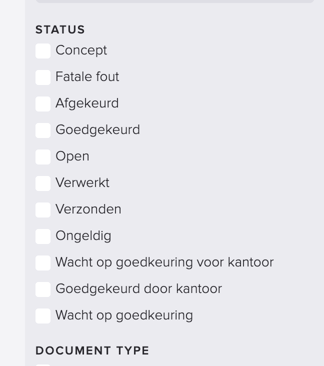 Filteropties voor de status van SBR-aangiften, van Concept tot Wacht op goedkeuring.