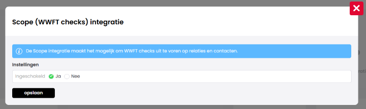 Het scherm Scope (WWFT checks) integratie met de instelling Ingeschakeld op Ja en de knop opslaan.