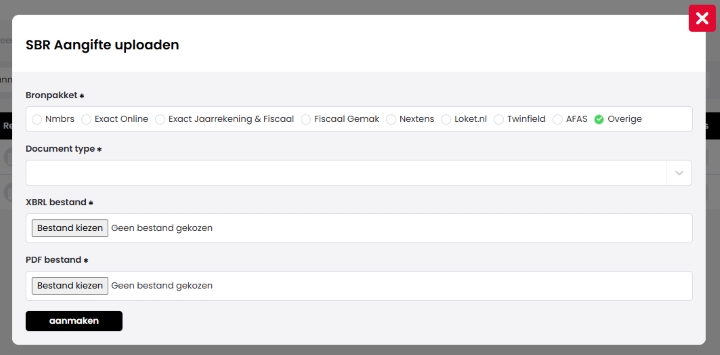Het scherm SBR Aangifte uploaden met de velden Bronpakket (Overige geselecteerd), Document type, XBRL bestand en PDF bestand, en de knop aanmaken.
