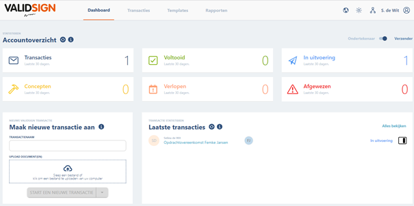 Het ValidSign-dashboard met het accountoverzicht, het blok Maak nieuwe transactie aan linksonder en de laatste transacties.