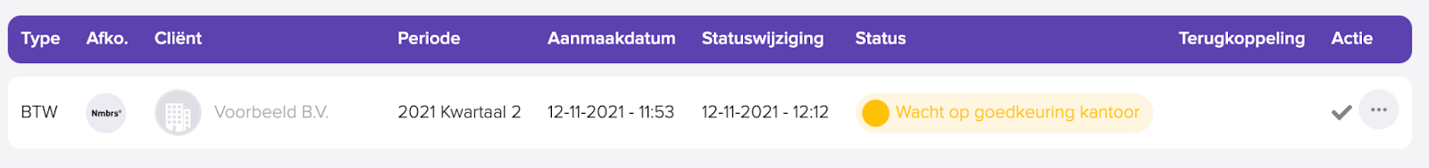 De SBR inbox toont de BTW-aangifte van Voorbeeld B.V. met de status Wacht op goedkeuring kantoor, met het vinkje in de kolom Actie om de aangifte goed te keuren.