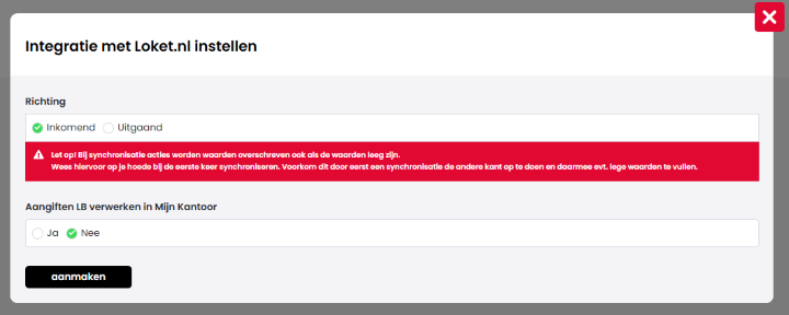 Het scherm Integratie met Loket.nl instellen met de keuze voor Richting (Inkomend geselecteerd), een waarschuwing over overschrijven van waarden, de optie Aangiften LB verwerken in Mijn Kantoor (Nee geselecteerd) en de knop Aanmaken.