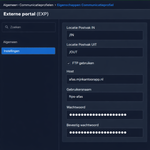 Scherm Eigenschappen Communicatieprofiel (Externe portaal) in AFAS met het tabblad Instellingen en de ingevulde velden voor Postvak IN, Postvak UIT, FTP gebruiken, Host, Gebruikersnaam en Wachtwoord.