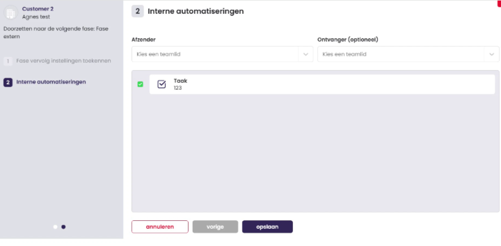 Tweede stap van het transitioneren, Interne automatiseringen, met de velden Afzender en Ontvanger en een aangevinkte automatisering van het type Taak.