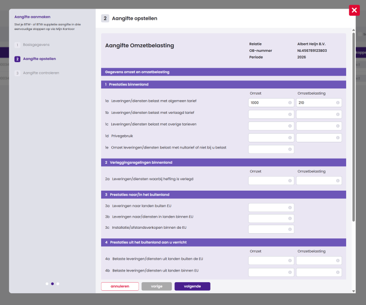 De tweede stap Aangifte opstellen met het formulier Aangifte Omzetbelasting, waarin bij rubriek 1a een omzet van 1000 en een omzetbelasting van 210 zijn ingevuld.
