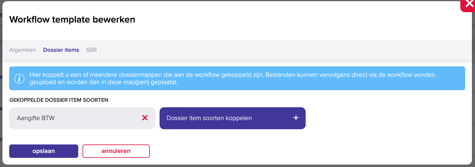 Het scherm Workflow template bewerken met het tabblad Dossier items geopend en de gekoppelde dossieritemsoort Aangifte BTW, met de knop Dossier item soorten koppelen.