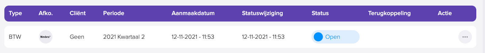 De SBR inbox toont een BTW-aangifte van Nmbrs voor 2021 Kwartaal 2 met de status Open en zonder gekoppelde cliënt.