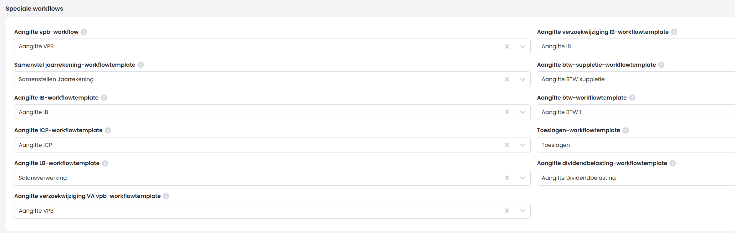 Printscreen van het blok Speciale workflows onder Beheer > Workflows > Algemeen, met per aangiftetype een veld voor het workflowtemplate, zoals Aangifte VPB, Aangifte IB, Aangifte ICP, Salarisverwerking, Aangifte BTW suppletie en Toeslagen.