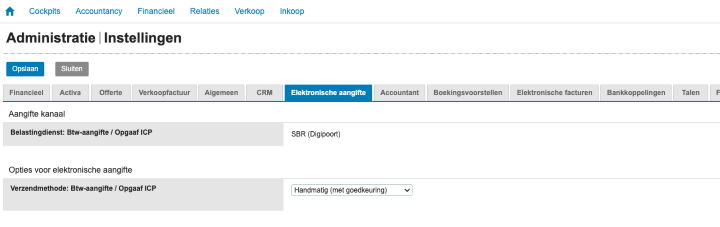 Printscreen van Exact Online bij Administratie | Instellingen met het tabblad Elektronische aangifte geopend, waarbij de verzendmethode voor de btw-aangifte en opgaaf ICP op Handmatig (met goedkeuring) staat.