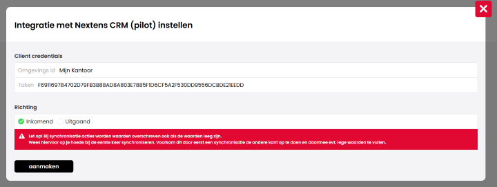 Het venster Integratie met Nextens CRM (pilot) instellen met de velden Omgevings Id en Token, de richting Inkomend geselecteerd en een rode waarschuwing over het overschrijven van waarden.