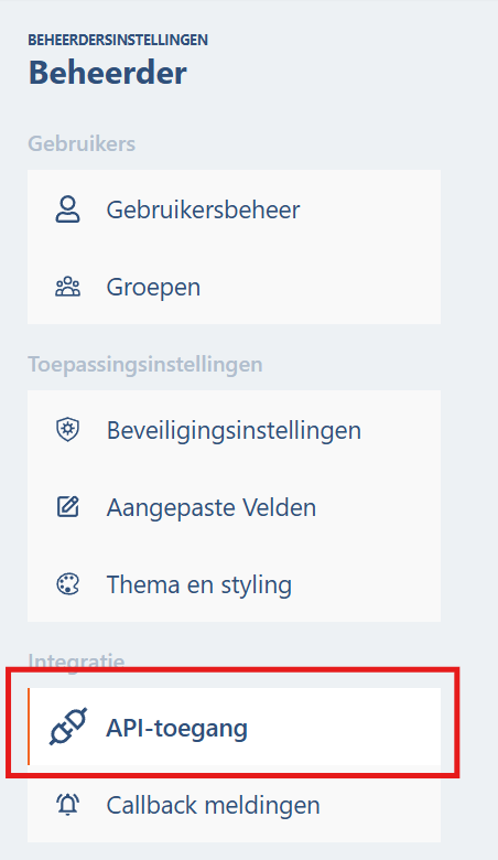 Het menu Beheerdersinstellingen in ValidSign met API-toegang onder Integratie gemarkeerd.