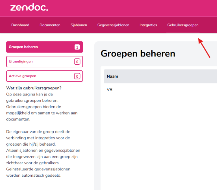Zendoc met het tabblad Gebruikersgroepen gemarkeerd en de pagina Groepen beheren.
