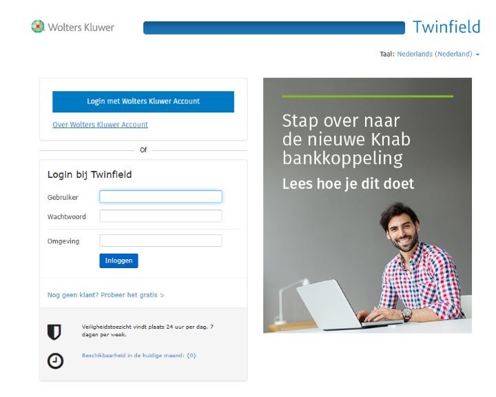 De inlogpagina van Twinfield met de knop Login met Wolters Kluwer Account en de velden Gebruiker, Wachtwoord en Omgeving met de knop Inloggen.