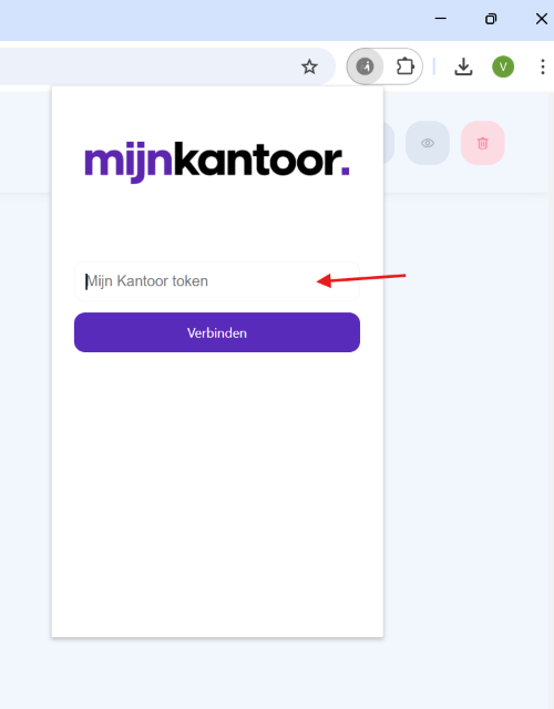 De vraagposten plugin met het veld Mijn Kantoor token, een rode pijl naar dat veld en de knop Verbinden eronder.
