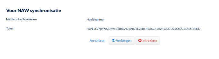 Het onderdeel Voor NAW synchronisatie in Nextens met de Nextens kantoornaam, de aangemaakte token en de knoppen Annuleren, Verbergen en Intrekken.