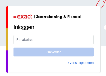 Het inlogscherm van Exact Jaarrekening & Fiscaal met een veld voor het e-mailadres en de knop Ga verder.