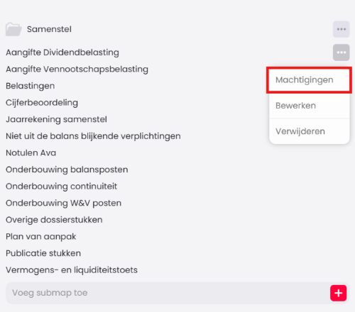 Printscreen van een mappenlijst in het relatiedossier, met het menu achter een map geopend en de optie Machtigingen rood gemarkeerd.