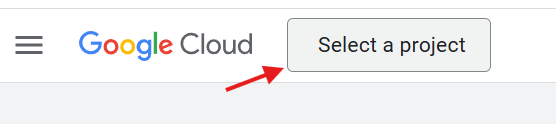 Google Cloud Console met de knop Select a project, aangewezen met een rode pijl, om een nieuw project aan te maken.