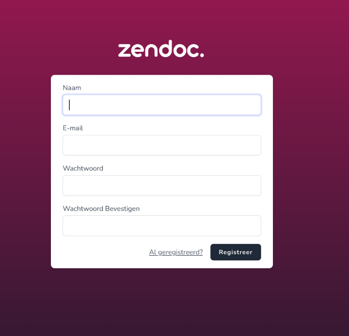 Registratiescherm van Zendoc met de velden Naam, E-mail, Wachtwoord en Wachtwoord Bevestigen en de knop Registreer.
