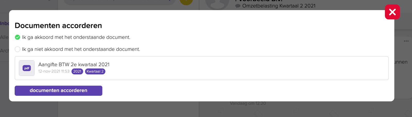 Het venster Documenten accorderen waarin de cliënt kiest of hij akkoord gaat met de aangifte, met de knop documenten accorderen.