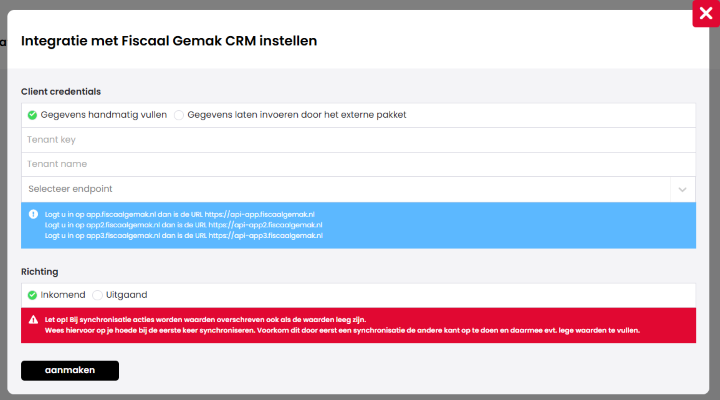 Het scherm "Integratie met Fiscaal Gemak CRM instellen" in Mijn Kantoor, met de optie Gegevens handmatig vullen geselecteerd, de velden Tenant key, Tenant name en Selecteer endpoint, en de richting Inkomend of Uitgaand.