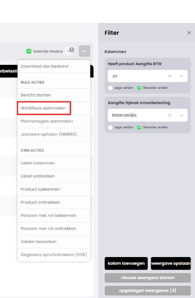 Het menu achter de puntjes in Relatie Insights met de bulk actie Workflows aanmaken rood gemarkeerd, met de filters Heeft product Aangifte BTW op Ja en Aangifte tijdvak omzetbelasting op Maandelijks.