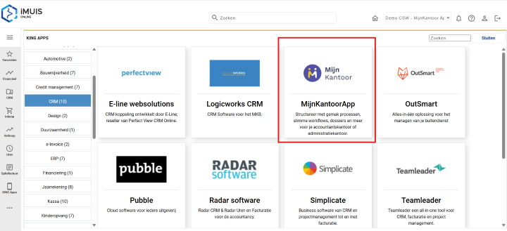 Het overzicht van CRM-apps in iMuis met de app MijnKantoorApp rood omkaderd.