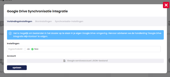 Venster Google Drive Synchronisatie integratie op het tabblad Verbindingsinstellingen met de optie Ingeschakeld en het veld voor het JSON-bestand van het service account.