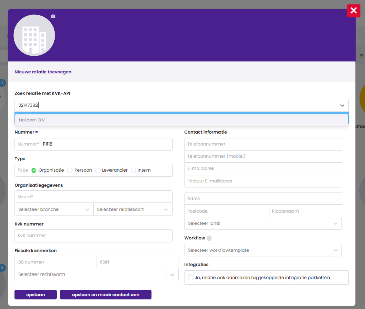 Het scherm Nieuwe relatie toevoegen in Mijn Kantoor, waarin het KvK-nummer 32147382 is ingevuld bij Zoek relatie met KVK-API en bol.com B.V. als zoekresultaat verschijnt.
