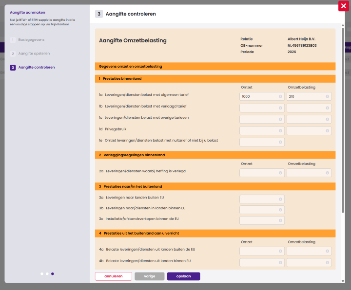 De derde stap Aangifte controleren met het ingevulde formulier Aangifte Omzetbelasting in alleen-lezen weergave en onderaan de knoppen annuleren, vorige en opslaan.