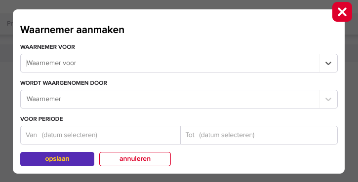 Het scherm Waarnemer aanmaken met de velden Waarnemer voor, Wordt waargenomen door en Voor periode (van en tot), en de knoppen opslaan en annuleren.